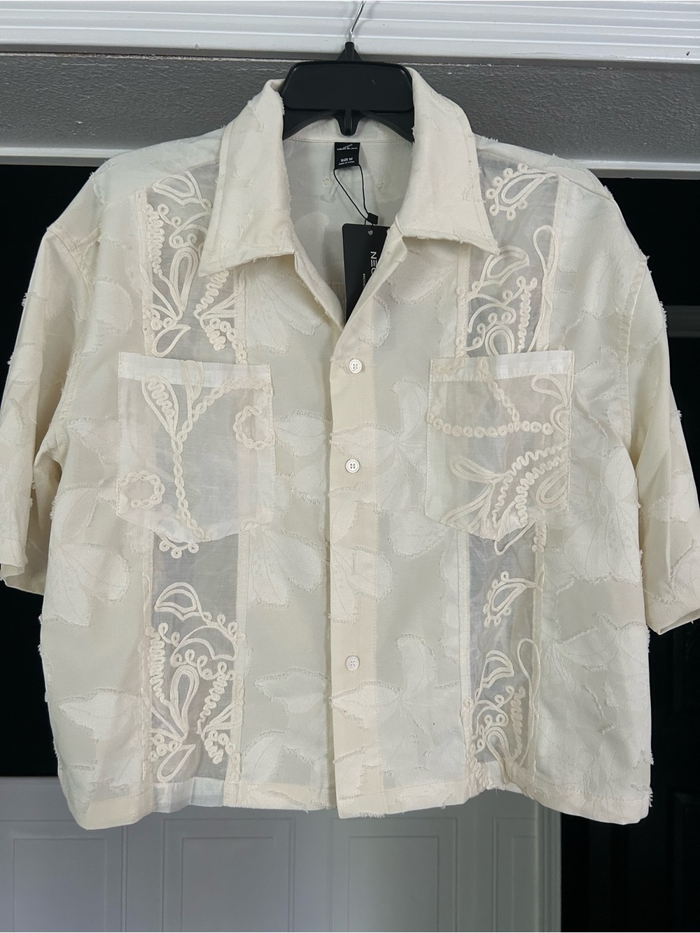 Neon Blanc Lightweight Embroidered Short Sleeve Shirt Jacket - Cream